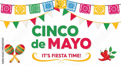 Cinco de Mayo celebration with colorful decorations and text fiesta party