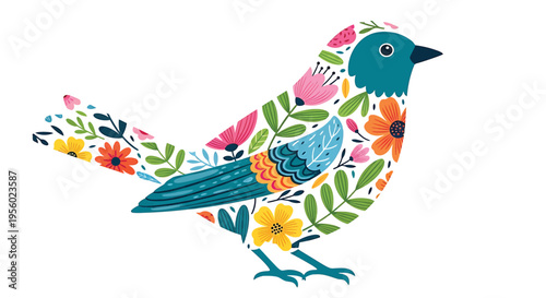 Floral bird illustration with colorful flowers and leaves pattern