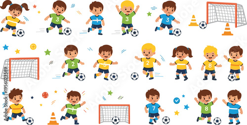 Kids soccer players set with children playing football running kicking ball and goal practice sports cartoon vector illustration collection