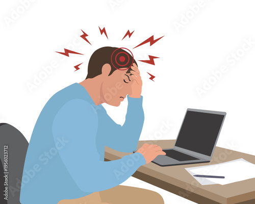 Stressed man with red pulsating headache circle and lightning symbols working on laptop