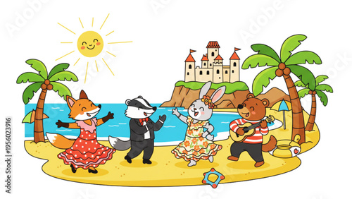 A funny cartoon illustration of children and animals having summer fun on a tropical island with palm trees and a cute rabbit 