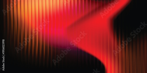 Fiery red and orange neon gradient light wave on dark vertical stripes, abstract dramatic nightlife background banner
