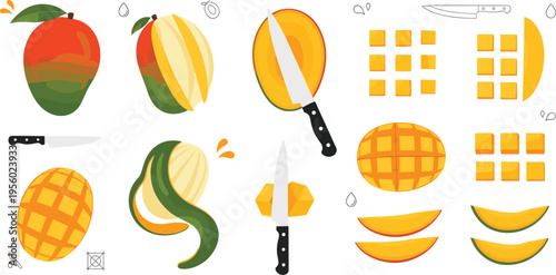 Mango cutting techniques and preparation steps with slices cubes and peel process tropical fruit cartoon vector illustration set