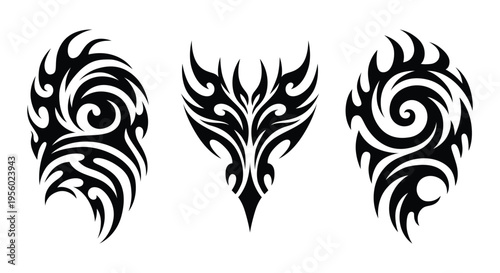 Bold tribal tattoo sketch set, black patterns on a white background collection. Each design flows with sharp, curving lines and swirling motifs. Stylized shapes echo ancient cultural symbols and warri