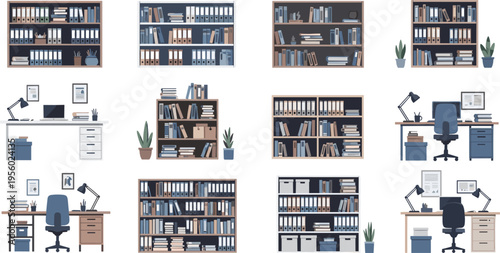 Office furniture and bookshelf collection with desks chairs files and documents workplace interior cartoon vector illustration set
