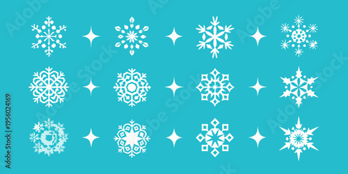 Collection of delicate white snowflakes and sparkling starbursts on teal