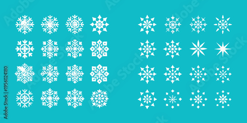Collection of delicate white snowflake illustrations on a teal background