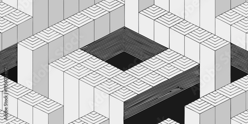 Geometric abstract design featuring stacked blocks and linear patterns