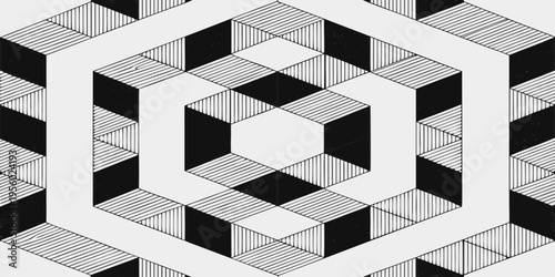 Optical illusion featuring nested hexagonal shapes in black and white