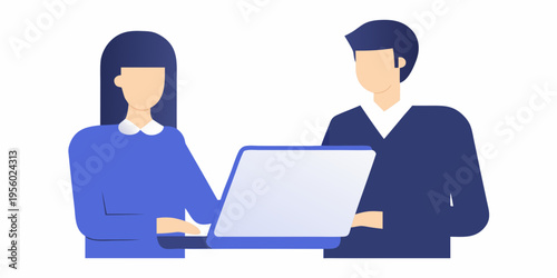 Two business professionals collaborating over a laptop computer