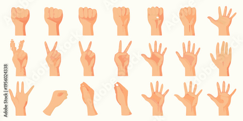 Collection of diverse hand gestures in a flat illustrative style