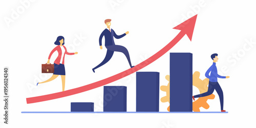 Business professionals climbing a graph representing growth and success