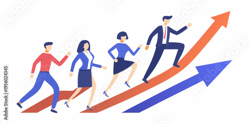 Business people climbing a large red arrow symbolizing growth and success