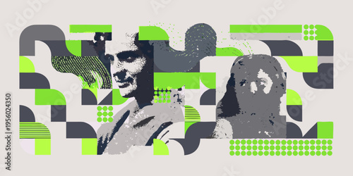 Abstract portrait with geometric shapes and halftone textures in green and gray