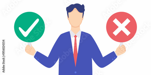 Man holding checkmark and x symbols representing choice or decision