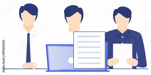 Three business people with a laptop and documents in a meeting