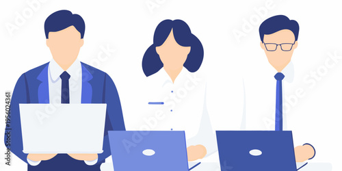 Three business professionals collaborating with technology in a modern setting