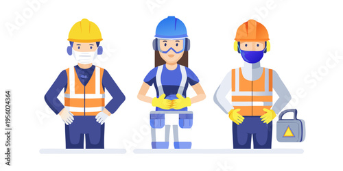 Three construction workers wearing protective gear and face masks stand together