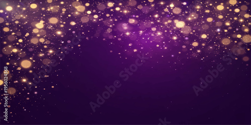 Abstract a mesmerizing display of shimmering lights, an ethereal dance of sparkling golden bokeh against a backdrop of deep, rich purple. A visual symphony, evoking a sense of celebration.
