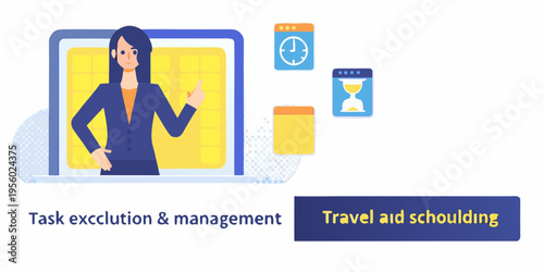 Woman presenting during a virtual meeting with time management icons