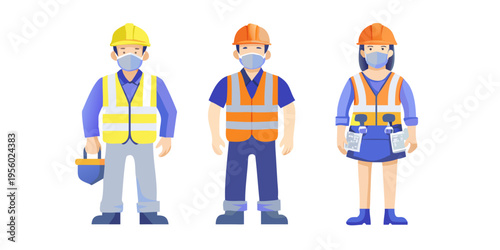 Three construction workers wearing safety gear and protective face masks
