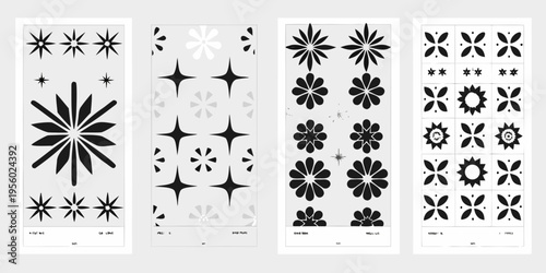 Four panels displaying retro style starburst and floral graphic designs