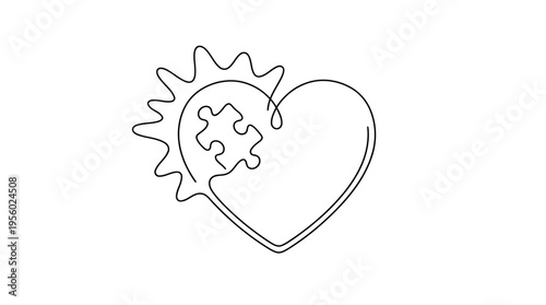 Heart with Missing Glowing Puzzle Piece Continuous Single Line Minimalist Invisible Illness Line Art Illustration
