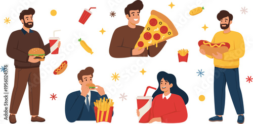 People eating fast food set with burger pizza hotdog fries and drinks casual lifestyle cartoon vector illustration collection