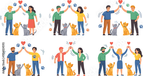 People and pets friendship set with owners high five dogs and cats love care adoption cartoon vector illustration collection