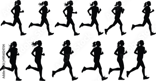 Running woman silhouettes collection showing jogging and fitness motion sequence, active lifestyle and cardio training concept vector illustration set