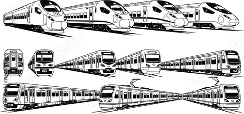 Modern train collection with high speed and metro rail vehicles, detailed line illustration set for public transport and railway system design