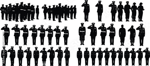 Military personnel silhouettes collection showing soldiers saluting, standing in formation and parade, uniformed army forces vector set for defense concept