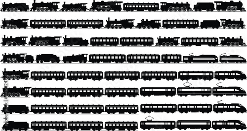 Train silhouettes collection featuring steam, diesel and modern high speed rail vehicles, detailed railway transport set for industrial and travel design