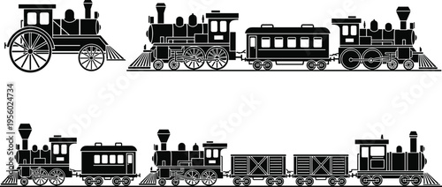 Vintage steam train silhouettes collection with locomotive and carriages, classic railway transport illustration set for historical and retro design concepts