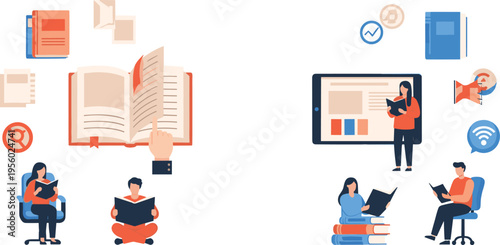 Reading books and digital learning set with people studying online education ebook and knowledge concept cartoon vector illustration collection