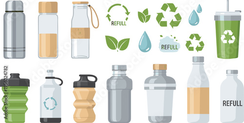 Reusable water bottles collection with eco friendly refill concept sustainable plastic reduction and recycling icons cartoon vector illustration set