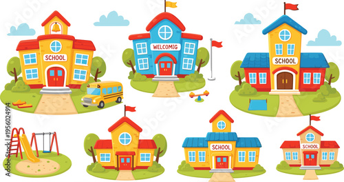 School buildings collection with playground bus and colorful campus architecture education concept cartoon vector illustration set for kids learning design