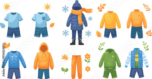 Seasonal clothing collection with summer and winter outfits jackets hoodies shorts and sweaters fashion cartoon vector illustration set