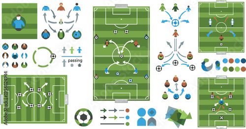 Soccer tactics and strategy diagrams set with football field formations passing schemes and team positioning cartoon vector illustration collection