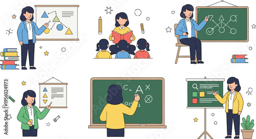 Teacher classroom activities set with students learning math science presentation and blackboard education concept cartoon vector illustration collection