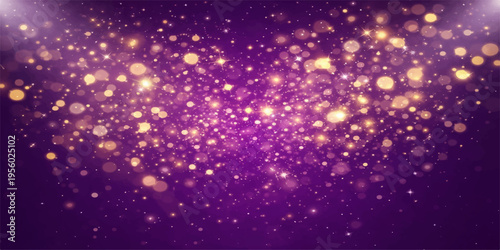 Abstract an artistic representation of a captivating galaxy of glistening golden bokeh against a regal deep purple backdrop, creating a mesmerizing visual experience.