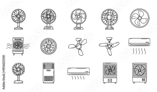 Fan and cooling equipment line icon set with ventilator cooler and conditioner vector isolated on white background