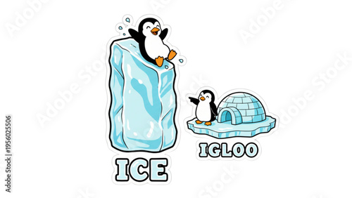 Cute cartoon penguin wearing a festive hat next to a vector illustration of shoes on a snowy Antarctic beach during a fun winter holiday