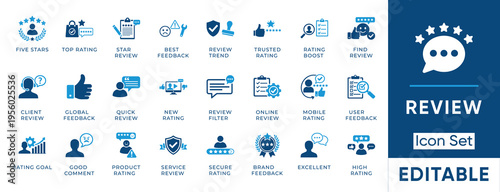 Review icon set. Containing feedback, rating, testimonial, comment, customer, product, service, trust and more. Solid vector icons collection.