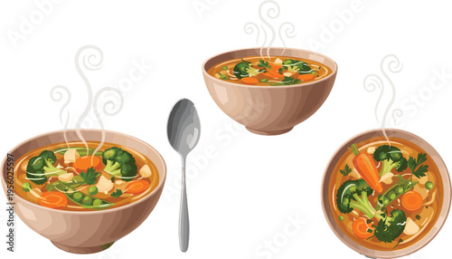 Hot vegetable soup bowls with spoon realistic vector illustration healthy homemade meal with broccoli carrots and herbs food design
