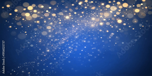 Abstract golden particles of light on a deep blue background, a dreamy, celebratory scene that is perfect for expressing joy and wonder. 