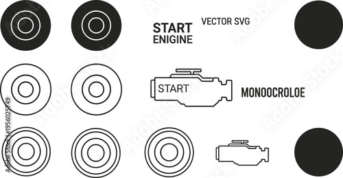 Car dashboard start engine icons set monochrome vector illustration automotive warning symbols and circular indicators collection for UI design