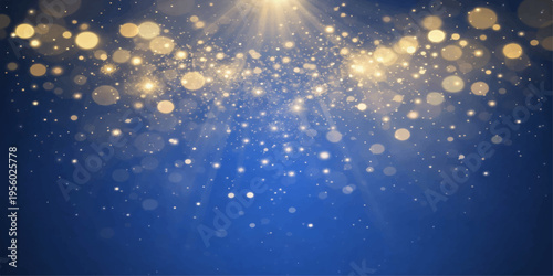 Abstract a mesmerizing display of golden bokeh lights dance and sparkle against a deep blue background, symbolizing ethereal beauty and festive magic.
