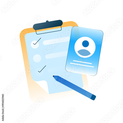 vector illustration of clipboard with checklist and identification card. user profile, personal preferences, customer information management, user behavior tracking for apps, data analytics systems