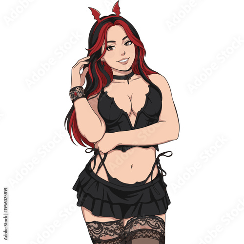 悪魔の角とゴシック衣装のセクシーな女性イラスト